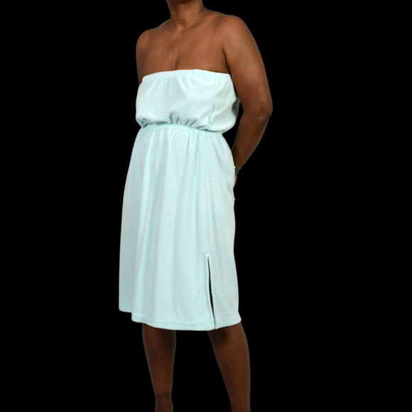 Vintage Terry Towel Dress Blue Swim Coverup Strapless Tube Slits Cotton Medium - Picture 11 of 13